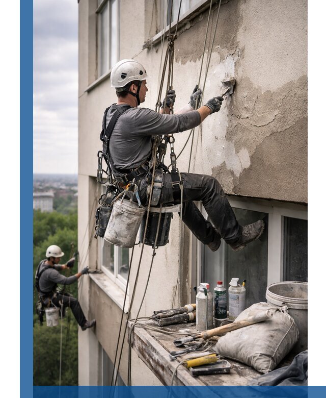 Косметический ремонт фасада зданий в Сосновоборске промышленными альпинистами