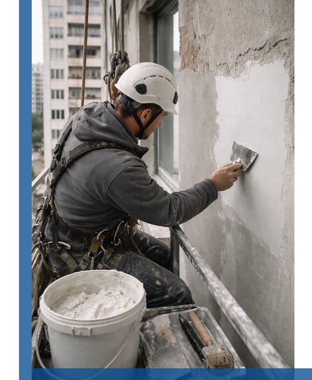 Шпаклевка фасадов на высоте с промальпинистами в Сосновоборске