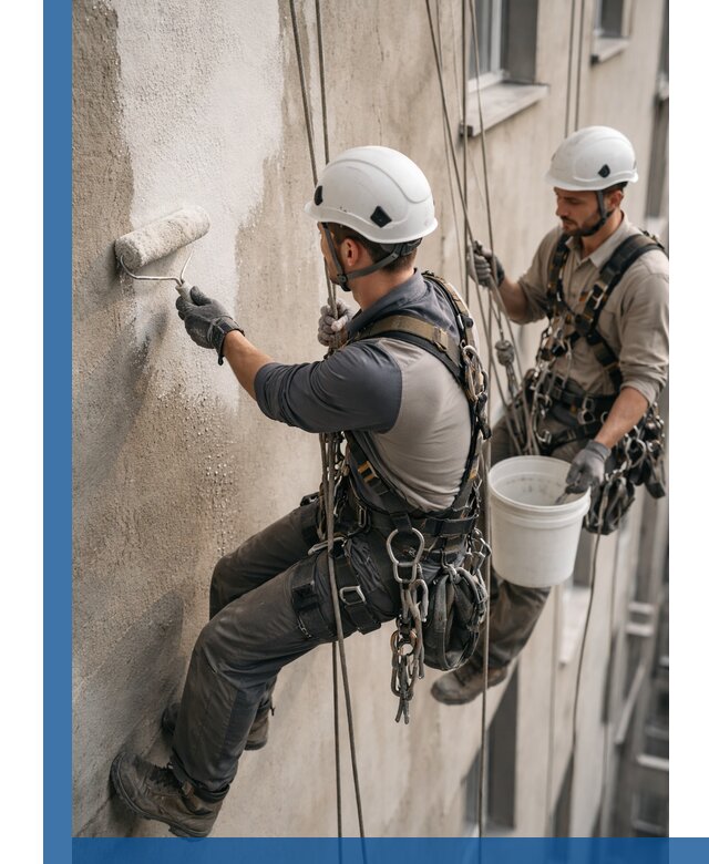 Грунтовка фасада на высоте в Сосновоборске промышленными альпинистами