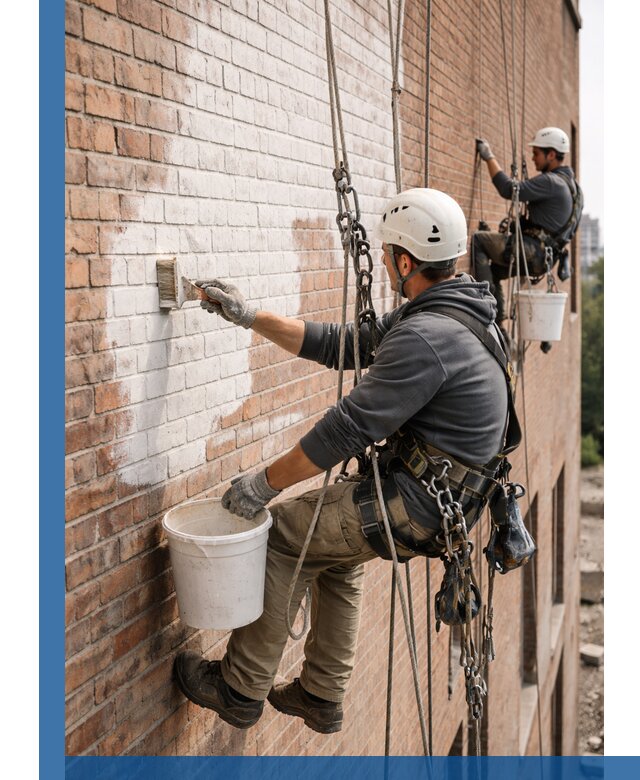 Покраска кирпичного фасада с доступным альпинистским сервисом в Сосновоборске