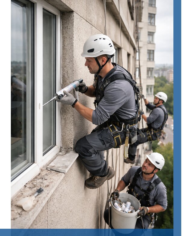 Герметизация оконных швов снаружи в Сосновоборске от 1552 р. | ВЫСОТНИК-Ссб