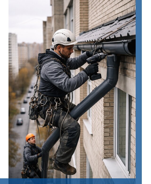 Монтаж водосточной системы на здании в Сосновоборске от 5173 р. | ВЫСОТНИК-Ссб