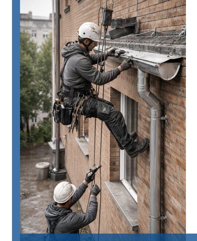 Монтаж водосточной системы на здании в Сосновоборске под ключ