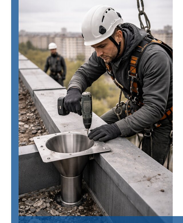 Монтаж водосточных воронок в Сосновоборске для промышленных зданий