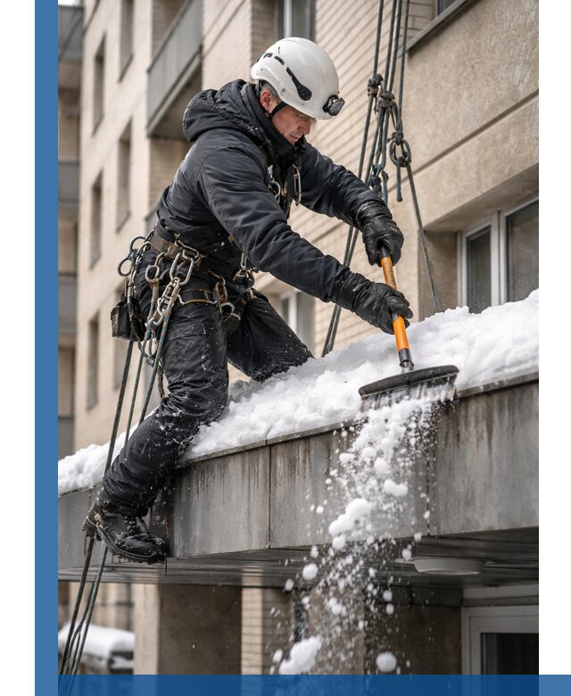 Очистка козырьков от снега в Сосновоборске круглогодично безопасно
