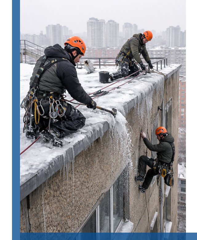 Удаление наледи с кровли в Сосновоборске промышленными альпинистами