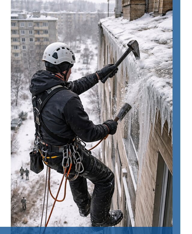 Сбивание сосулек с крыши в Сосновоборске по цене от 4655 р. | ВЫСОТНИК-Ссб