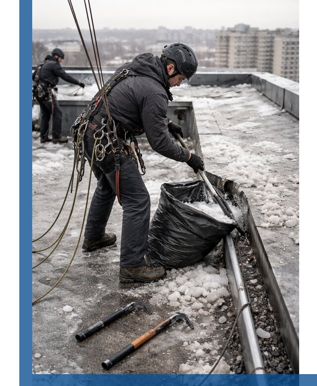 Аварийная очистка кровли в Сосновоборске от промальпинистов