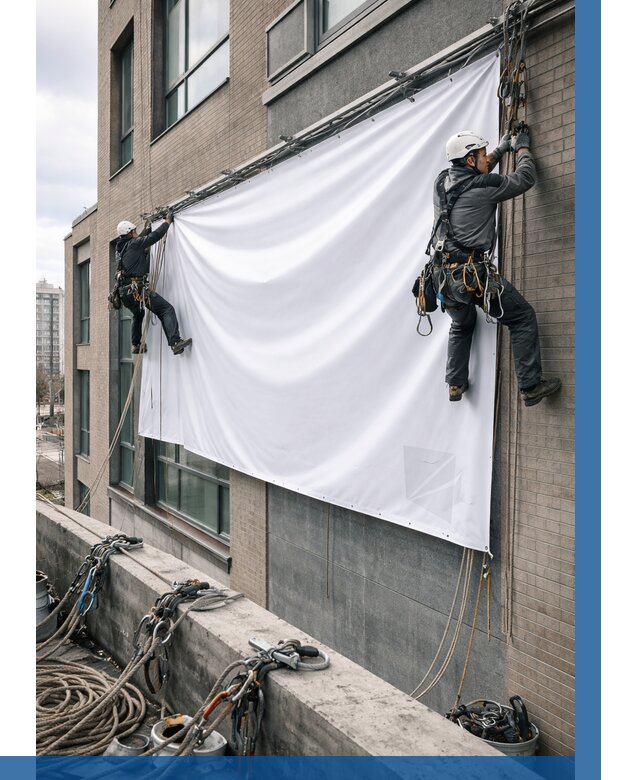 Монтаж баннеров на фасаде в Сосновоборске от 672 р. заказать ВЫСОТНИК-Ссб