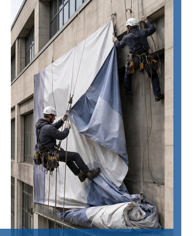 Демонтаж баннеров с фасада в Сосновоборске от 4655 р. | ВЫСОТНИК-Ссб