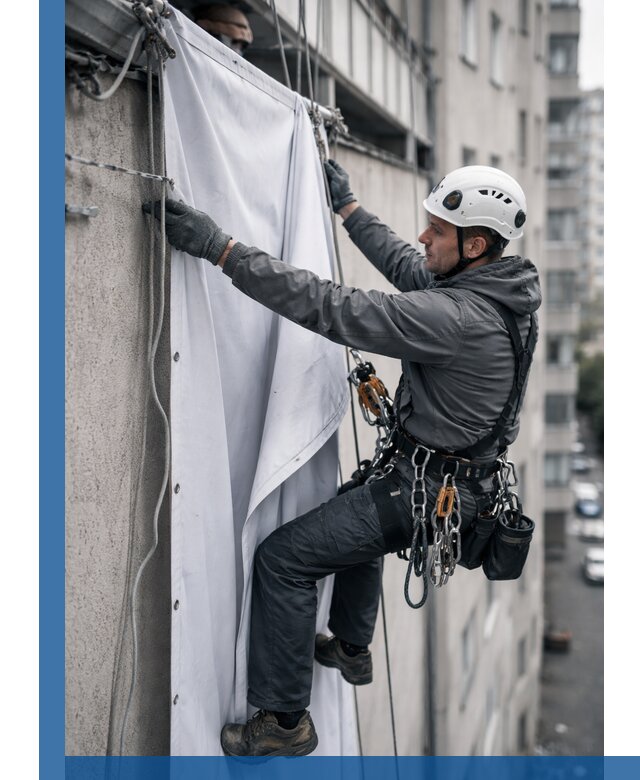 Замена баннерного полотна промышленными альпинистами в Сосновоборске