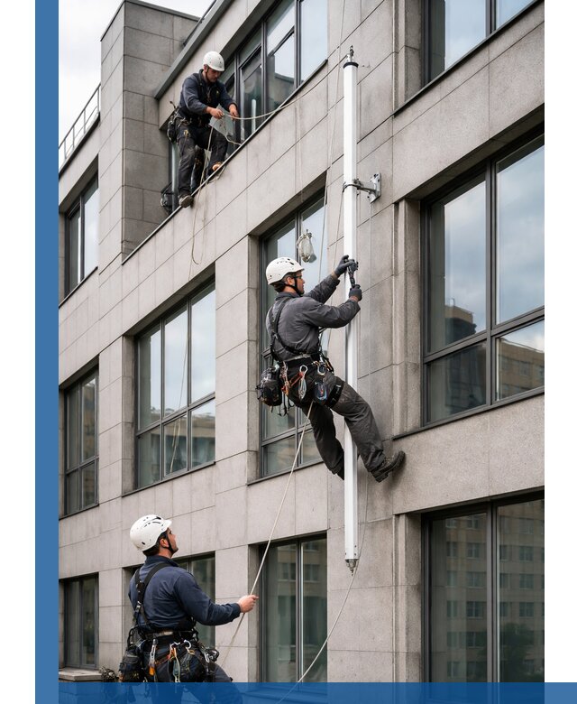 Монтаж флагштока на фасаде здания с креплением и герметикой в Сосновоборске
