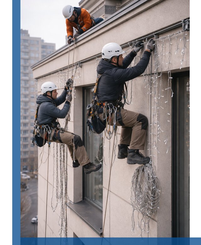 Монтаж праздничных гирлянд на фасаде в Сосновоборске для зданий