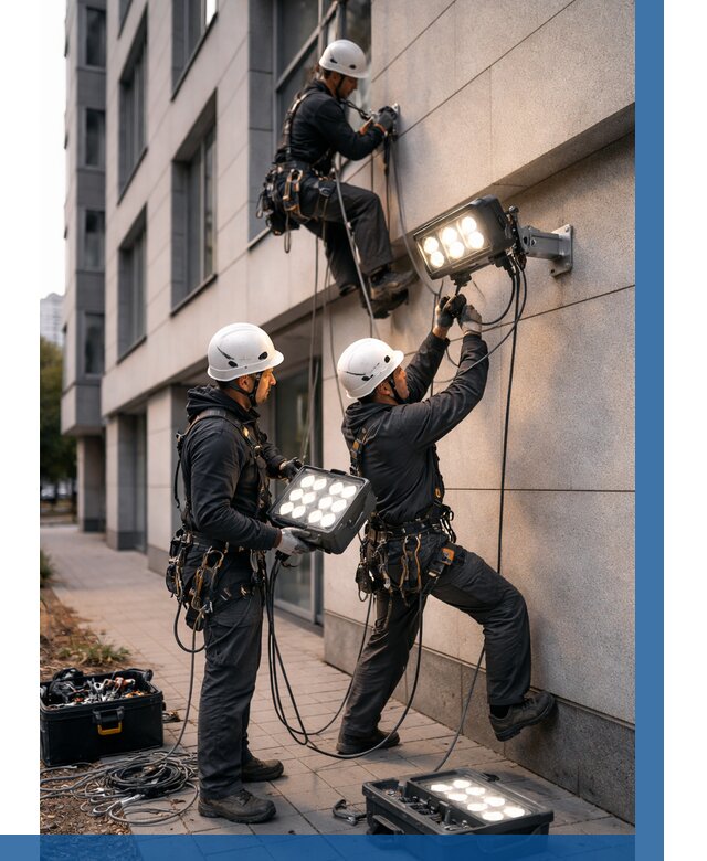 Монтаж прожекторов на фасаде в Сосновоборске от 7759 р. | ВЫСОТНИК-Ссб