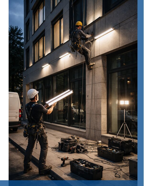 Монтаж архитектурной подсветки здания в Сосновоборске от 2586 р.|ВЫСОТНИК-Ссб