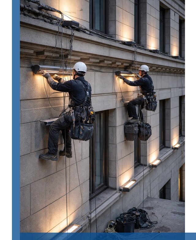 Монтаж архитектурной подсветки фасадов зданий в Сосновоборске