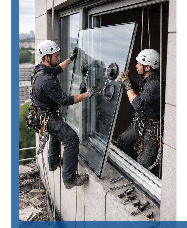 Замена стеклопакетов на высоте с промышленными альпинистами в Сосновоборске