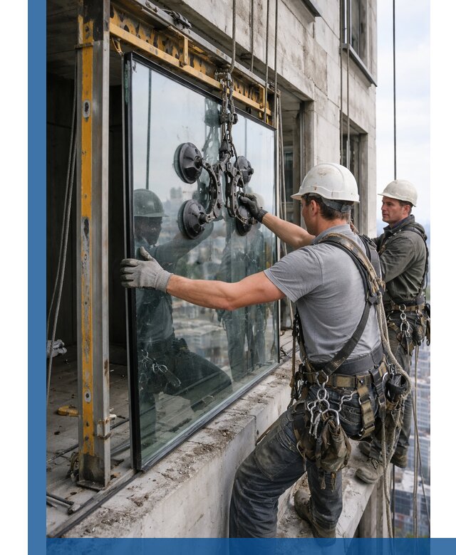 Монтаж стеклопакетов на высоте в Сосновоборске с промышленным альпинизмом