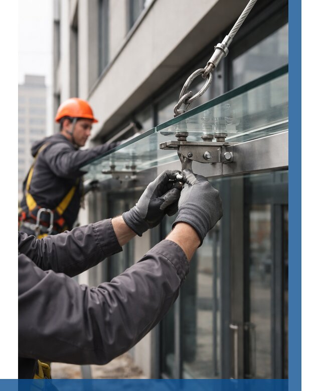 Монтаж стеклянных козырьков в Сосновоборске от 8793 р. | ВЫСОТНИК-Ссб