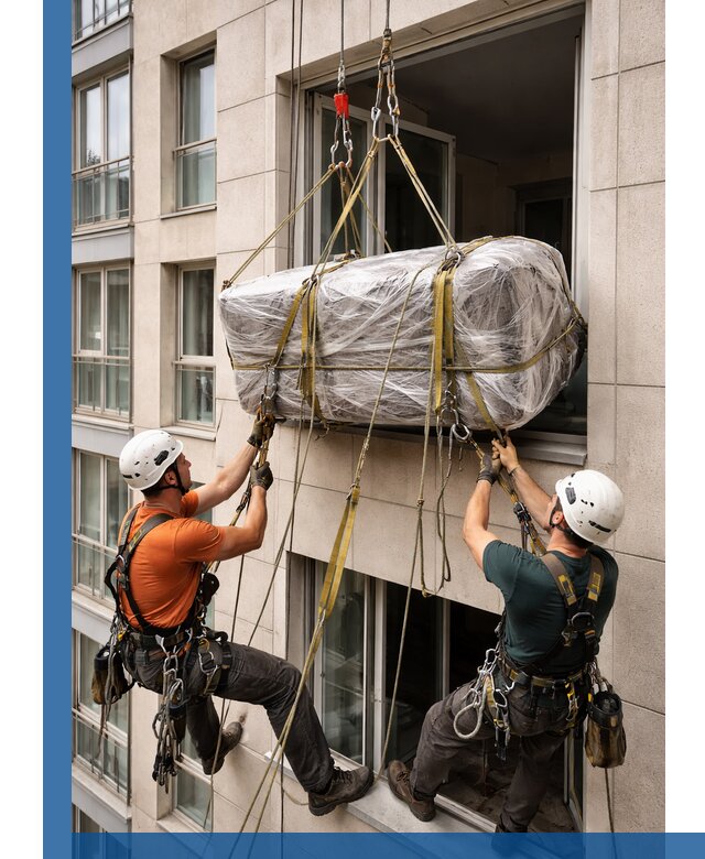 Подъем грузов через окно в Сосновоборске промышленными альпинистами