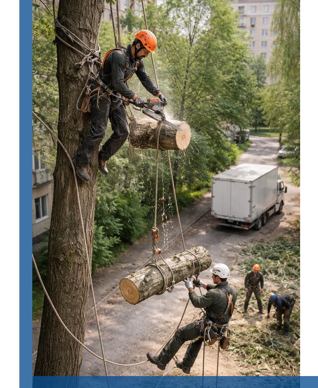 Спил деревьев альпинистами в Сосновоборске, безопасно и без повреждений