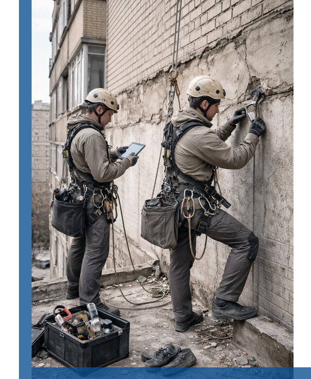 Обследование фасада промышленными альпинистами в Сосновоборске